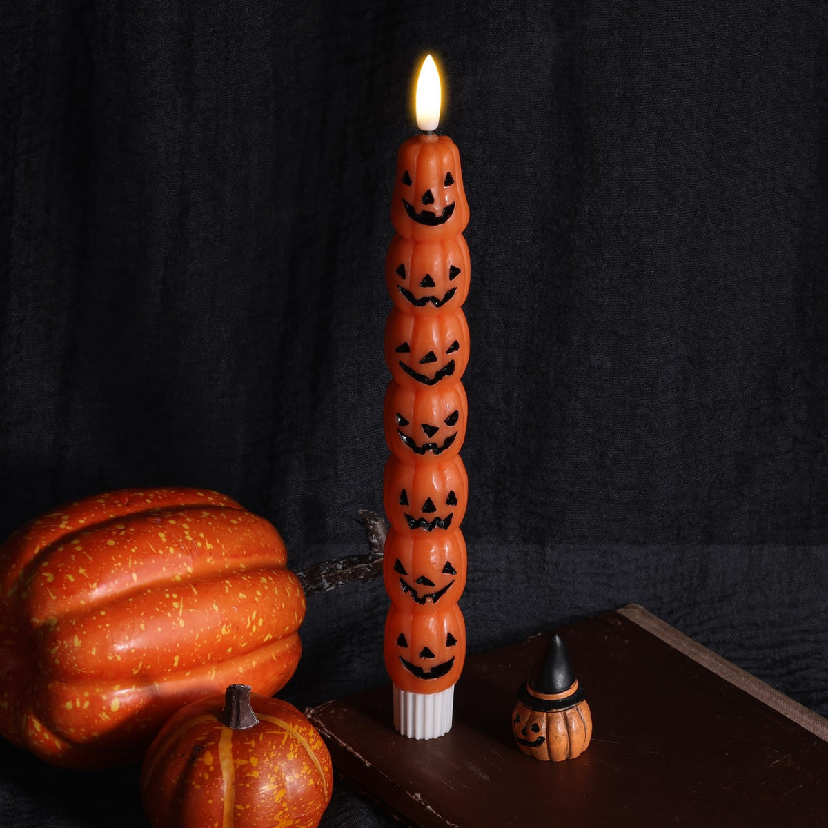 Eywamage Halloween Flameless Taper Candles with Remote, Orange Pumpkin LED Candlesticks Battery Operated Flickering Real Wax Set of 2