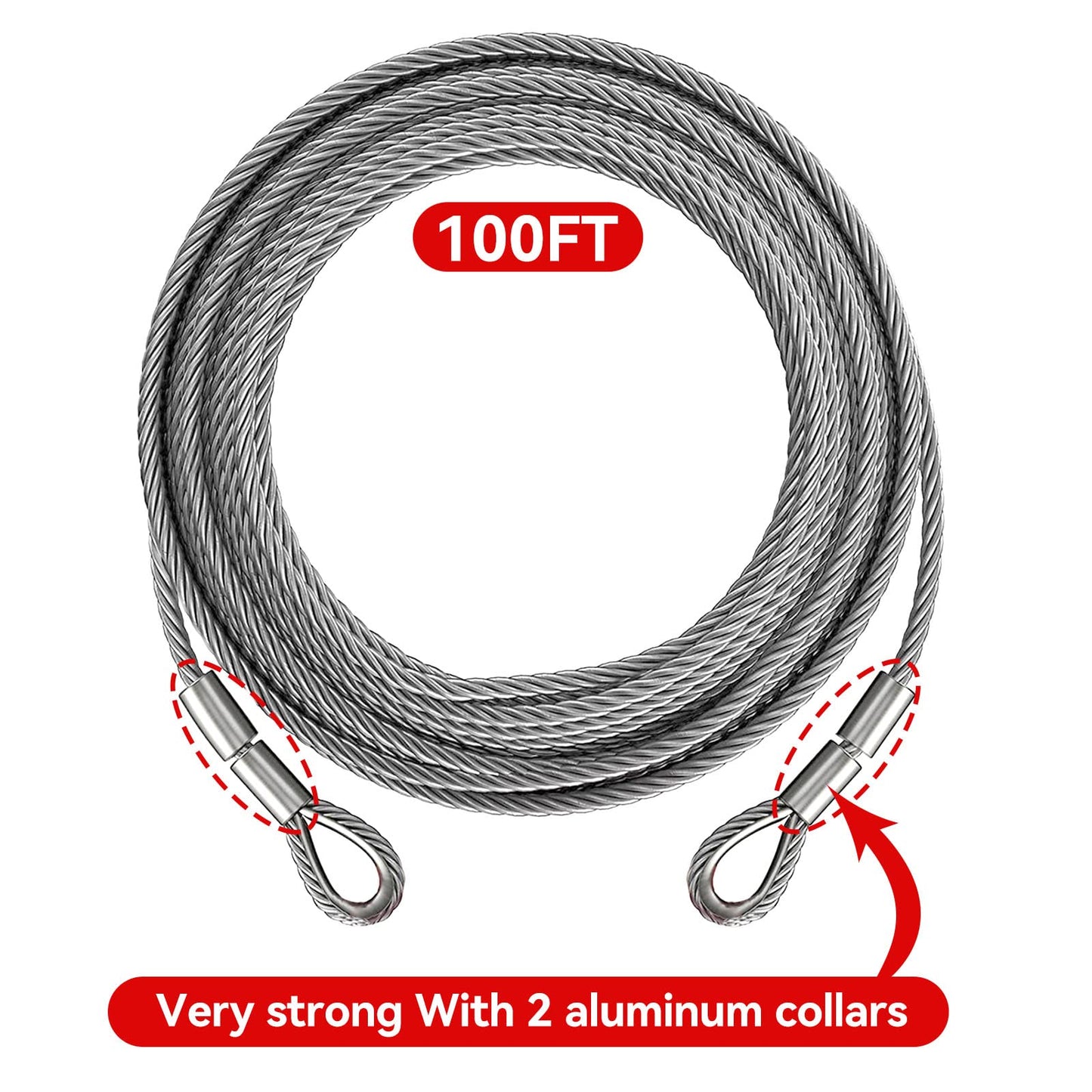 Winch Cable,Towing Cable Heavy Duty,with 2 Pick 3/8" U-clamp Slide Hooks,3/8 inch 7x19 Stranded Construction,13980 lbs Breaking Strength 100 Feet