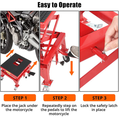 Hydraulic Motorcycle Lift Table, 350 LBS Capacity Foot-Operated Scissor Jack with Wide Non-Slip Deck, 3-Position Safety Pin & 4 Caster Wheels for ATV Dirt Bikes & Motorcycles