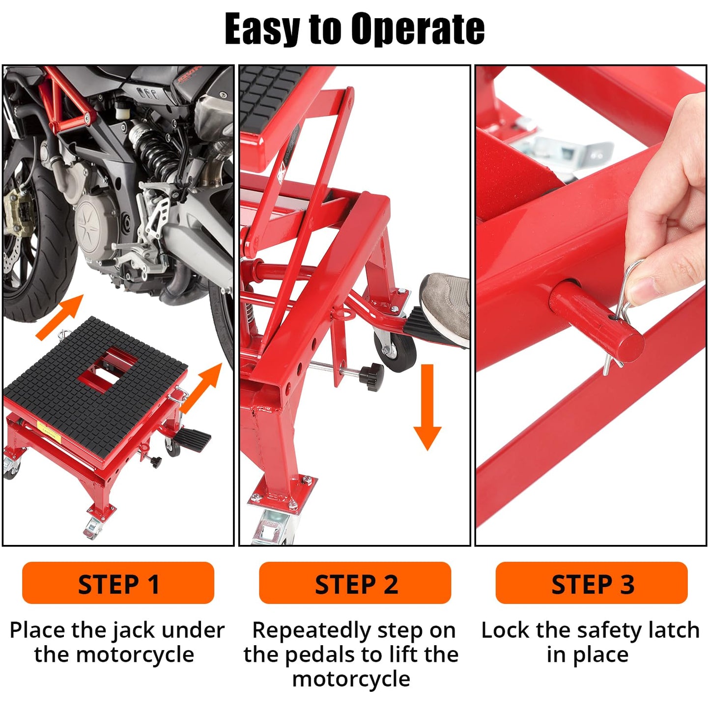 Hydraulic Motorcycle Lift Table, 350 LB Capacity Foot Operated Motorcycle Scissor Jack with 4 Wheels & Wide Deck & J-Hooks, 13.3-33.4 in Lifting Height, Ideal for ATV Dirt Bikes, Red