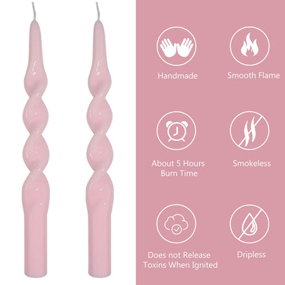 10 Inch Taper Candles Twisted Candlesticks Unscented Handmade 2 Pack Smokeless Taper Candles Dinner Table Candles for Wedding Yoga Celebration(Peach Pink)