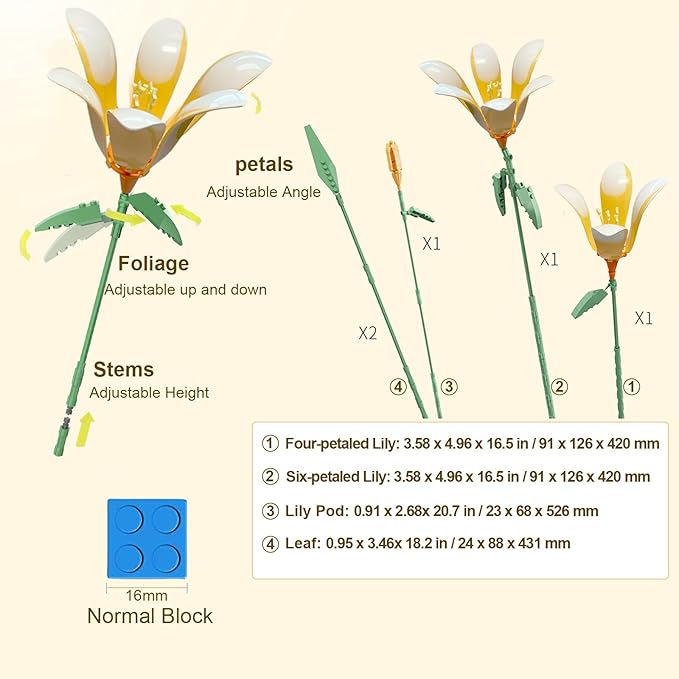 Lily Flower Building Kit for Adults Flower Bouquet Building Block Set Artificial Flowers Mini Building Bricks for Gifts/Home Decor Botanical Collection (Orange)
