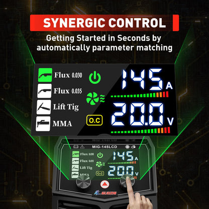 GZ GUOZHI 145A MIG Welder, 3 in 1 Welders FLUX MIG/Lift TIG/ARC Multi-Process Welder, 110V Welding Machine, ‌Flux Core Welder with upgrade Large LCD Screen