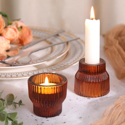 HAVITI 12 Pack Amber Taper Candle Holders, Glass Candlestick Holders, Tea Light Candle Holder for Fall Wedding Centerpieces Table Decorations, Votive Candle Holders for Table Decor