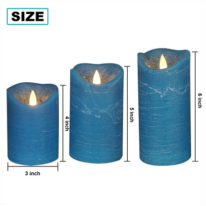 iZAN 3 Pack Real Wax Flameless Candles Battery Operated LED Pillar Flickering Realistic Electric Candle Gift Sets with Remote Control and Cycling 24 Hours Timer 3”D X 4" 5" 6" H (Blue)