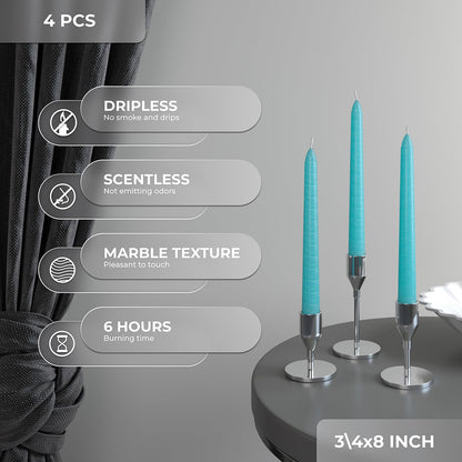 CANDWAX 8 inch Turquoise Taper Candles Pack of 4 - Unscented Smokeless Dripless Tall Candlesticks - Perfect for Holidays, Ordinary Dinners and Special Occasions - Teal Taper Candles