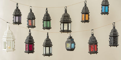 Zingz & Thingz Moroccan Style Candle Lantern Holder, Decorative Light Home Decor, Indoor & Outdoor, 10.25" Tall, Black with Red Glass
