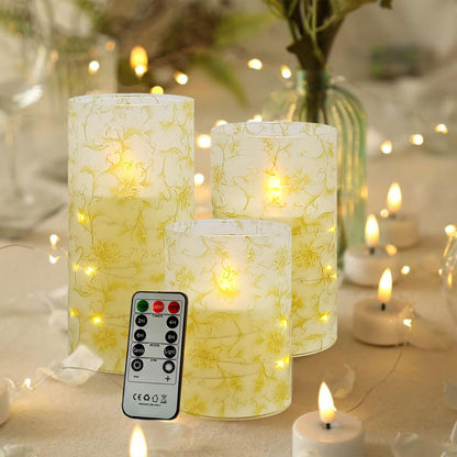 NjaoHoo Flickering Flameless Candles, Recessed String Light LED Candles 3D Wick Acrylic Battery Operated LED Pillar Candles with Remote and Timer for Modern Simple Home Decor Set of 3(Gold Flower)