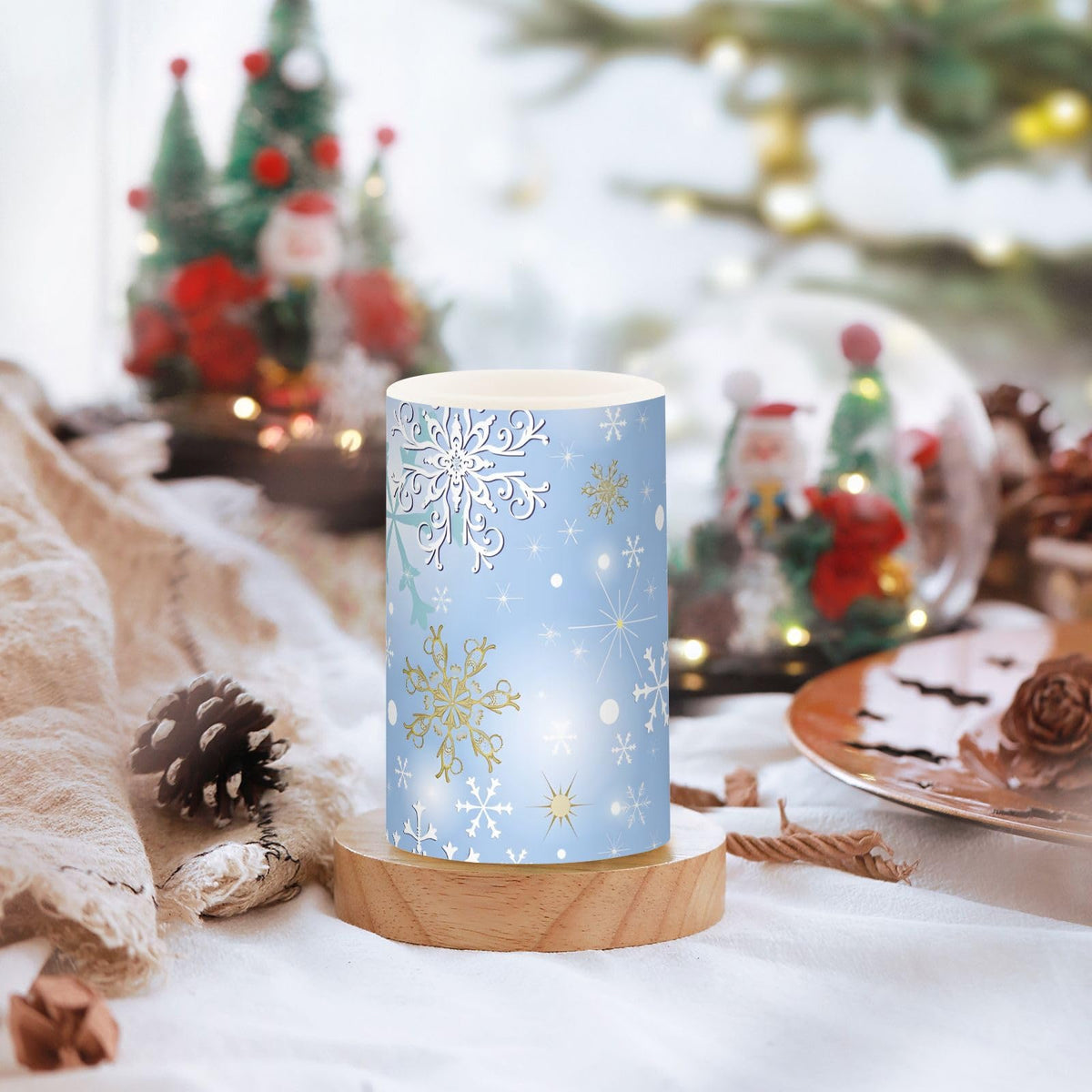 Christmas Lights Decorations Flameless Candles Christmas Silver Snowflake Pillar Candles Set of 2 Battery Operated Remote Control Warm Lights