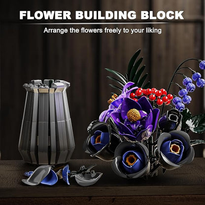 Flowers Bouquet Building Blocks Set with Vase Roses LilyRosaHypericum Bellflower Artificial Plants for Adults Teen GirlsHome&ampOffice Bonsai Decoration