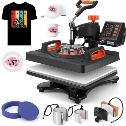 PIONEERWORKS Heat Press Machine 12 X 15 inch, 6 in 1 Shirt Printing Heat Transfer Machine 360° Swing Away, Digital Industrial-Quality Shirt Pressing Machine for Shirt, Hat, Mug, Plate, Orange