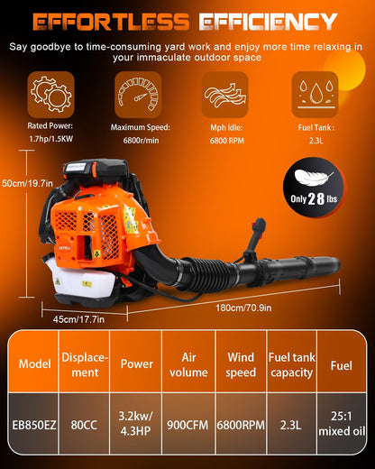 Getell 80cc Gas Backpack Leaf Blower, 900CFM 206MPH 2-Stroke Engine, Heavy-Duty Leaf & Snow Blower for Lawn, Garden & Commercial Use (Orange)