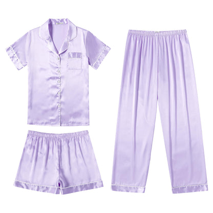 Ekouaer Silk Pajamas for Women Set Satin Pjs Soft Short Sleeve Button Down Sleepwear 3 Piece Loungewear S-XXL