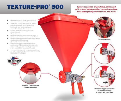 WAL-Board Tools Texture Pro 500 Hopper Gun with Putty Knife, USA Made, Complete Kit for Wall and Ceiling Texturing, with Air Control Valve, TP500