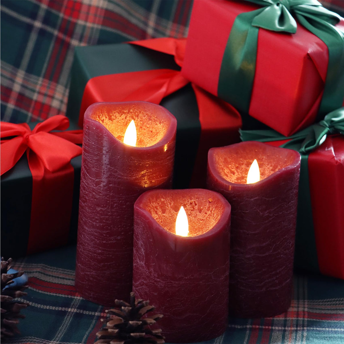 EZiKitchen Flameless LED Candles Set of 3 (D 3’’ x H 4’’ 5’’ 6’’) Real Wax Battery Operated Candle with Timer Home Decorative Pillar Flickering Lights,Wedding Party Events Decor,Burgundy