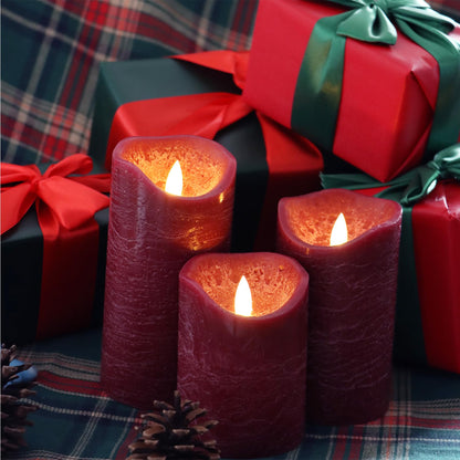 EZiKitchen Flameless LED Candles Set of 3 (D 3’’ x H 4’’ 5’’ 6’’) Real Wax Battery Operated Candle with Timer Home Decorative Pillar Flickering Lights,Wedding Party Events Decor,Burgundy