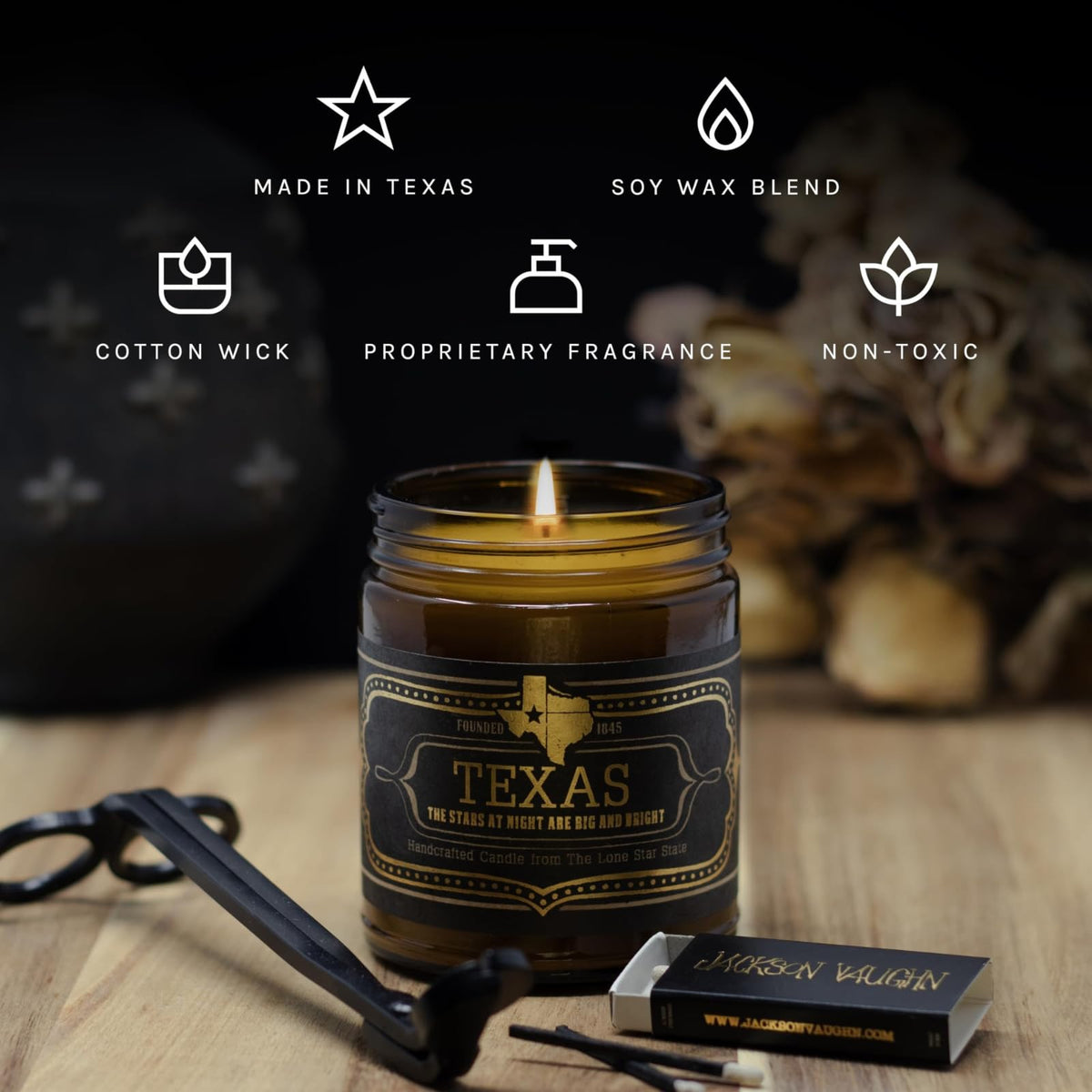 Jackson Vaughn Scented Texas Candle | Aromatherapy Long Lasting Candles Luxury Home Fragrance Decor Gifts Hand Poured Soy Wax Blend Notes Wild Sage, Vanilla, Campfire 40 Hour Burn 9oz (Texas)