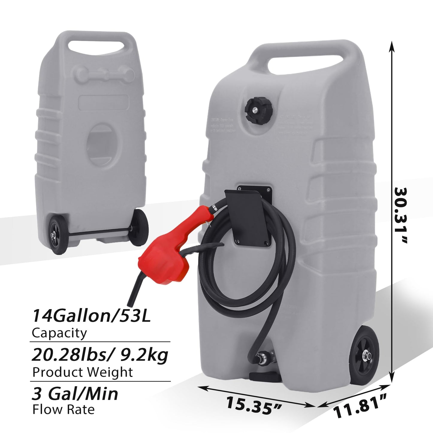 Garvee 14 gal Portable Fuel Tank, Gray Fuel Storage Container with Manual Siphon Pump & 10 ft Hose, Gasoline Diesel Caddy with Wheels, Fuel Transfer Tank for Car, ATV, Boat, Lawn Mower, Generator