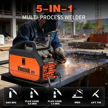 145A MIG Welder,110V/220V multiprocess welder, Gas Gasless MIG Welding Machine, 5 in 1 MIG/MMA/Lift TIG/Flux cored 0.8/Flux cored 1.0, LED Digital Display Synergic Control Aluminum Welding Machine