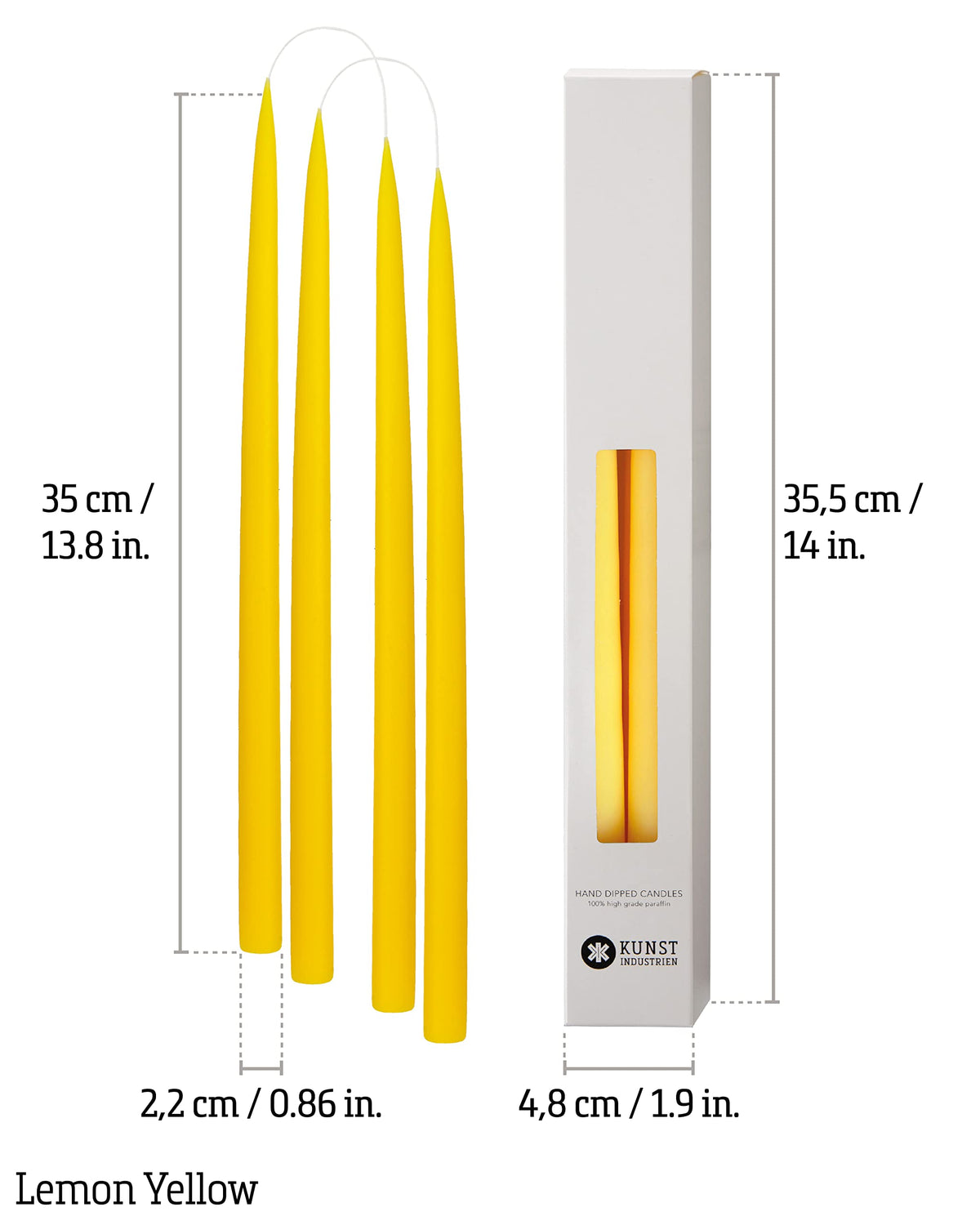 Kunstindustrien® Taper Candles – Set of 4, 13.8" – Made in Denmark, Long Burning Candles 15h, Unscented & Smokeless Candlesticks – Elegant Tall Candles for Weddings Dinners & Home Decor (Lemon Yellow)