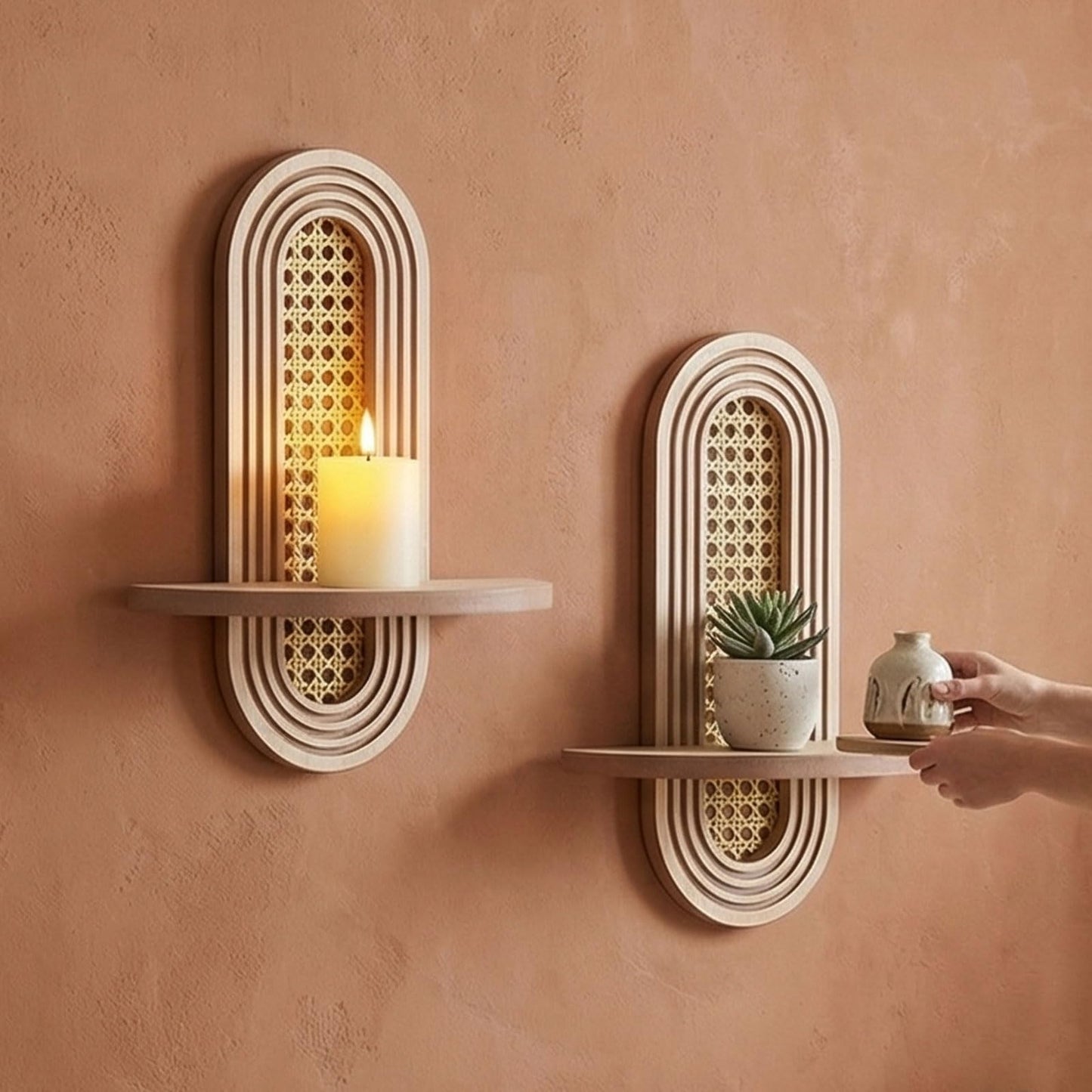 Wall Candle Holder Sconce, Set of 2 Wooden Wall Mounted Candle Holder with Arched Shelf and Gold Metal Vine Detail, Decorative Wall Sconce for Pillar Candles, Living Room Bedroom Entryway Decor