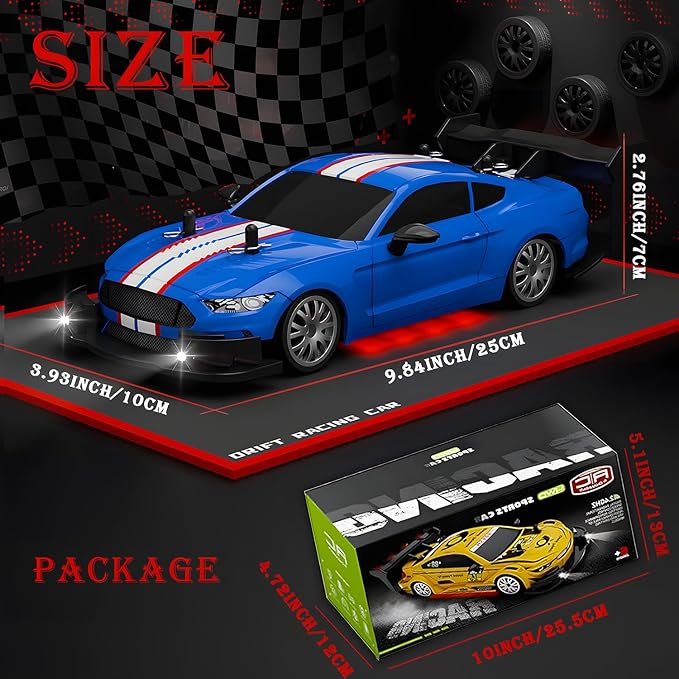 1:20 RC Drift Car for Kids4WD 2.4GHz 30KM/H High Speed Remote Control Car Racing Sport Toy Car with LED LightsDrifting Tires＆2 Batteries (Blue)