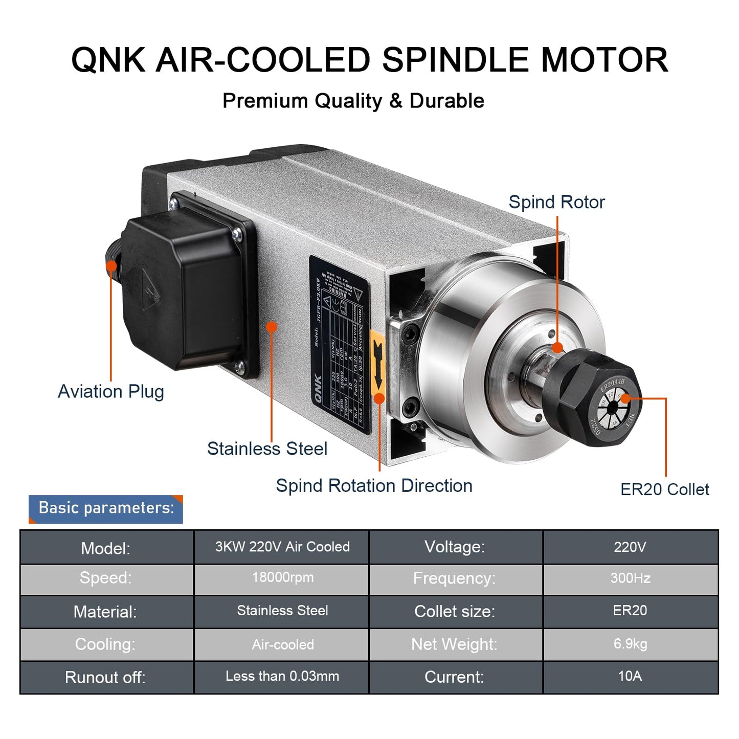 QNK CNC Spindle Motor, 3KW Air Cooled Spindle Motor 220V ER20 18000RPM, High Speed 10A 300Hz Air Cooled Round for CNC Router Engraver Milling Machine