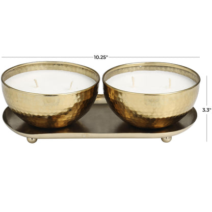 Deco 79 Metal Decorative Candle Egyptian Mint Scented Hammered 12 oz 2 Wick Aromatherapy Candle with White Wax, Set of 2 Wax Aromatherapy Candle 10" W, 3" H, Gold