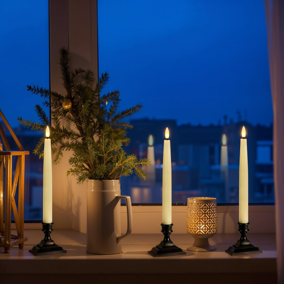 GenSwin Christmas Window Candles with Remote Timer, 3 Pcs Battery Operated Window Candles, Real Wax LED Flameless Taper Candle with Black Flameless Candlesticks for Home Decor(Ivory)