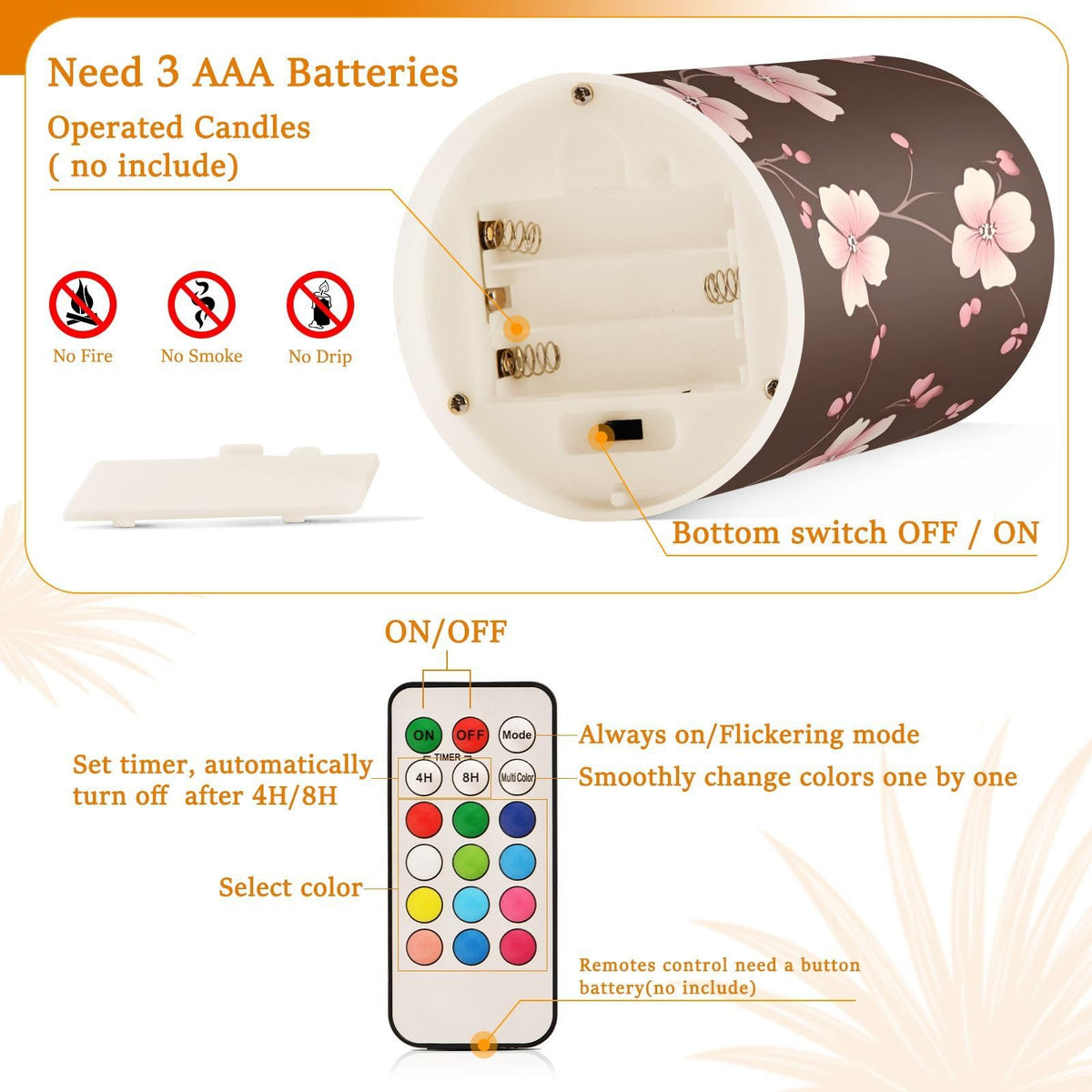 ALAZA Pink Cherry Blossom Flower Pattern Flameless Candles Flickering LED Candles with Remote Timer Battery Operated Pillar Candles Set of 2 for Dinner Holiday Decor