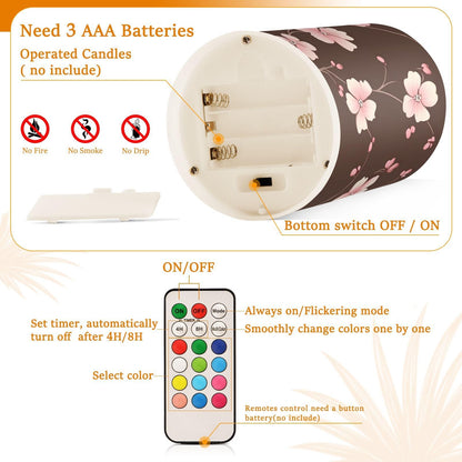 ALAZA Pink Cherry Blossom Flower Pattern Flameless Candles Flickering LED Candles with Remote Timer Battery Operated Pillar Candles Set of 2 for Dinner Holiday Decor