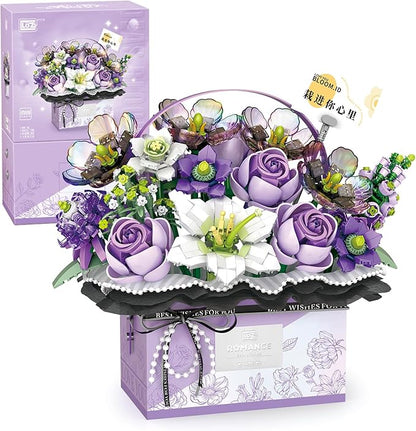 MEIEST Flower Bouquet Building Blocks Model SetSimulation Artificial Rose Handheld Gift BoxBonsai Plant Building Bricks ToysHome Decor (Mist Purple)