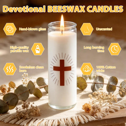 Trxvxo 6 Pack White Prayer Candles, Devotional Candles in Safe Blown Glass Jars with Cross, Long‑Burning Smokeless Catholic Candles for Vigil, Church & Memorials