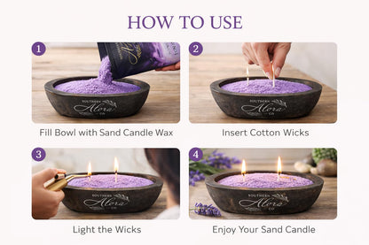 Sand Candle Wax 1 LB – Southern Alora Scented Candle Sand with 10 Cotton Wicks, Refillable & Reusable for Candle Making, Spill-Safe for Bowls & Centerpieces (Serene Lavender Kit with Wood Bowl)