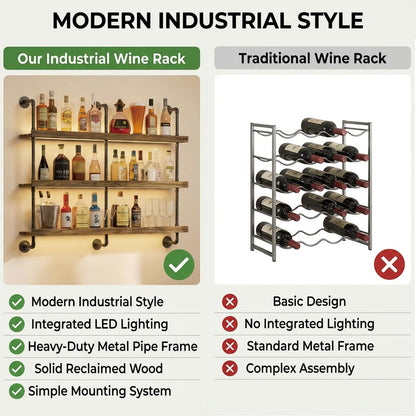Woskar 3-Tier Wall Mounted Wine Rack, Industrial Pipe Bar Shelf for Wine Bottle Storage, Industrial Pipe Shelves Shelf Shelving for Home Bar Dining Room Kitchen (47.2" W x 47.2" H)