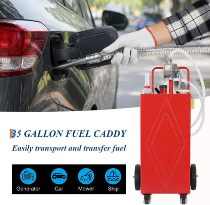 Upgrade 30-Gallon Portable Fuel Transfer Tank with Manual Pump, Heavy-Duty Gasoline & Diesel Caddy on 4 Wheels, Mobile Fuel Storage Container for Cars, Trucks, Boats, Lawn Mowers & Farm Equipment, Red