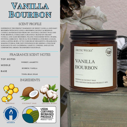 Vanilla Bourbon Candle | Arctic Wicks 9oz Coconut & Beeswax Candles | Scented Non-Toxic Candles for Fall, Winter, Holidays, Gifts For Him, Whiskey Bourbon, Vanilla Candle | USDA Certified Biobased