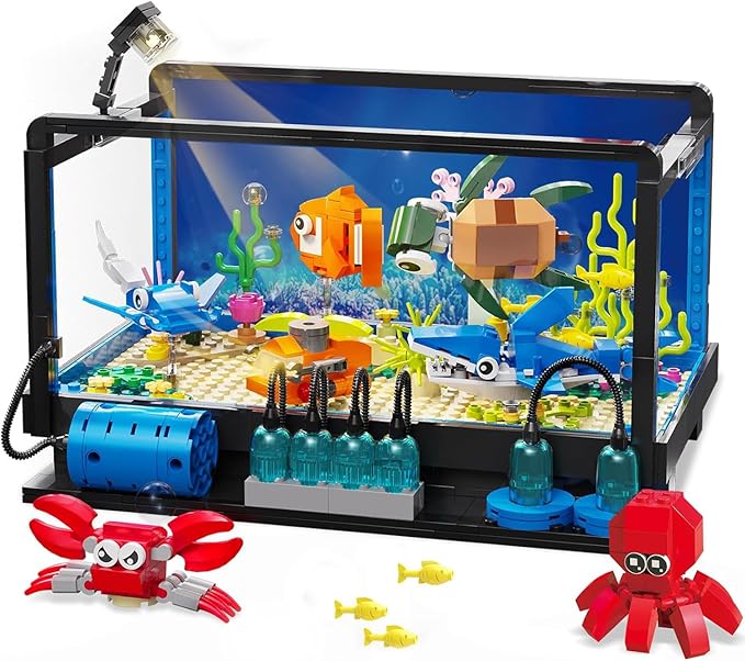 Fish Tank Building SetCompatible with Lego Aquarium Including Marine Life AnimalsCreative Lighting Fish Tank with Submarine Educational Building Toys for Kids 6-12(625Pieces)