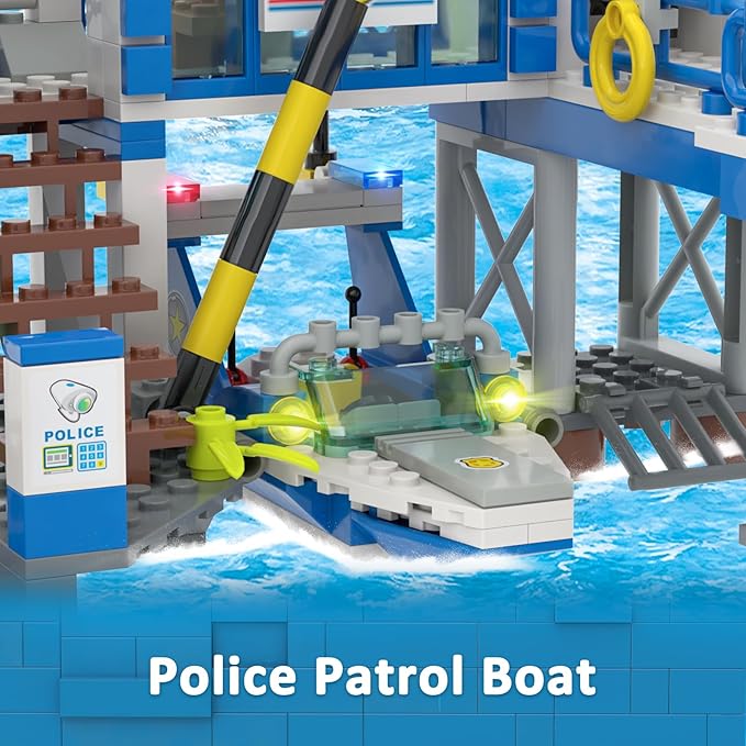 City Police Station Toy Building Set - 890 Pieces Helicopter Police Car and Truck Patrol Boat Coast Guard Headquarter Toy - Ideal Creative Roleplay Gift for Kids Boys and Girls Ages 6-14