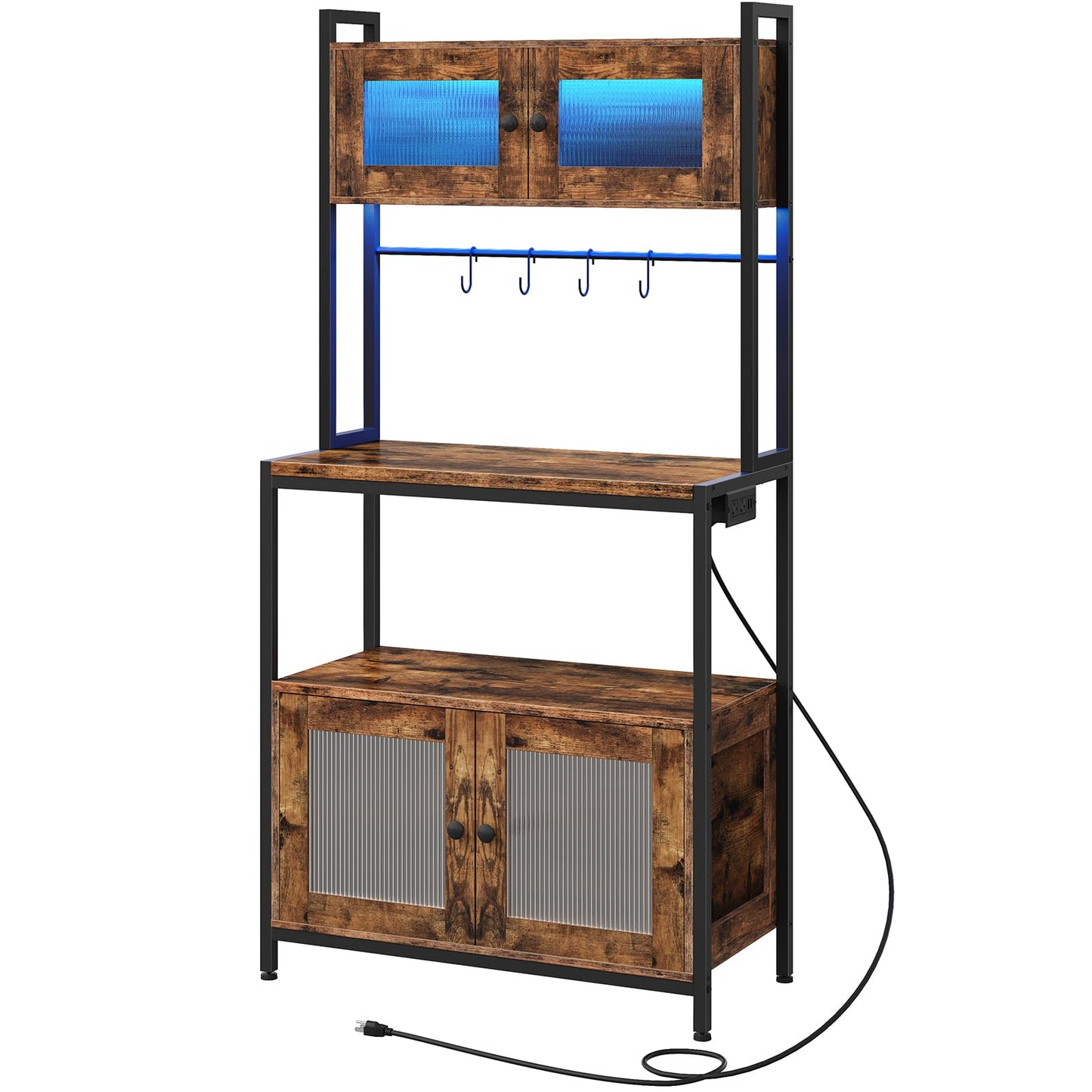 HOOBRO Bakers Rack with Storage Cabinet, 5-Tier Coffee Bar with Power Outlet and LED Lights, Industrial Microwave Oven Stand with Shelves, Kitchen Storage Shelf, Rustic Brown and Black BF13UDHB01