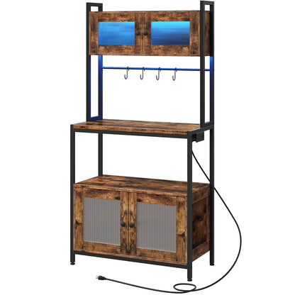 HOOBRO Bakers Rack with Storage Cabinet, 5-Tier Coffee Bar with Power Outlet and LED Lights, Industrial Microwave Oven Stand with Shelves, Kitchen Storage Shelf, Rustic Brown and Black BF13UDHB01