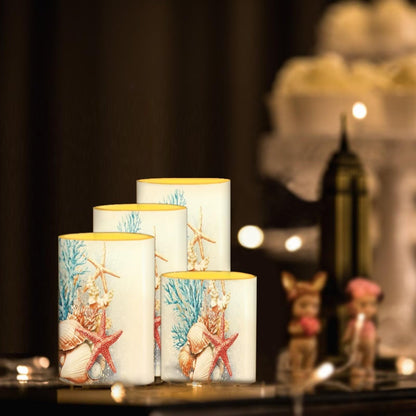 NETILGEN Flameless Candles with Remote Timer Starfish Seashell Blue Coral Print Battery Operated LED Flickering Pillar Candles for Home Party Decor