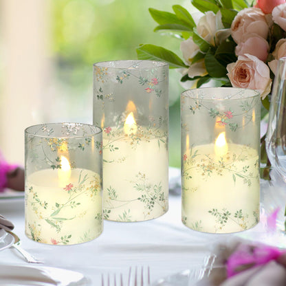 FLAVCHARM Glass Flameless Candles Flickering Battery Operated LED Pillar Candles Set of 3 with Timer and and 10-Key Remote Green Branch Floral Spring Summer Theme for Wedding Festival Home Decoration