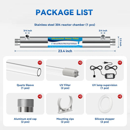 UV Water Filter Whole House, 55W 120V Water Purifier Filter System for Whole House Water Purification, 12GPM, 3/4" MNPT Inlet/Outlet for Purity, +1 Extra Bulb
