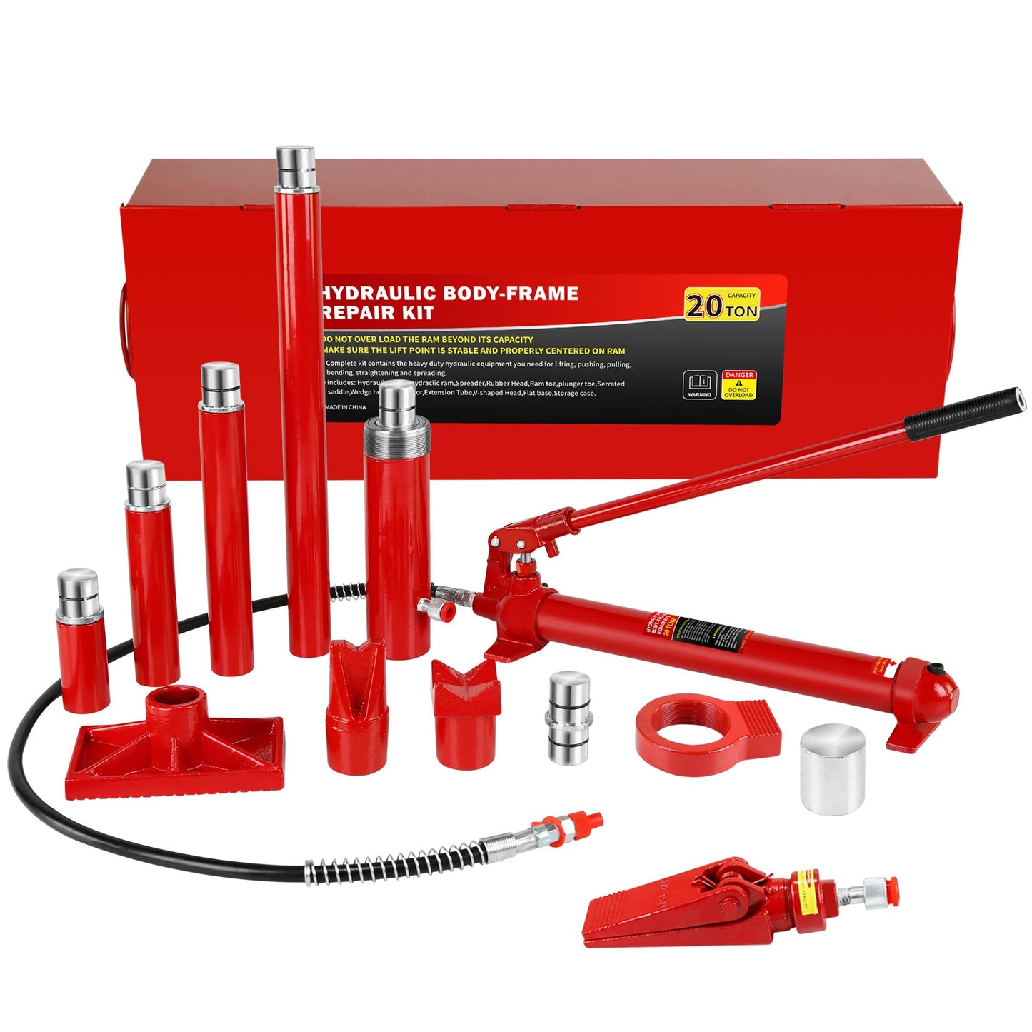 20 Ton Porta Power Kit, Portable Hydraulic Jack with 4.7 ft/1.43 m Oil Hose, 17 Pcs Hydraulic Ram, 44000 Lbs Capacity, Max Lifting Height 5.1" / 130mm, Ram min Height 13" / 330mm