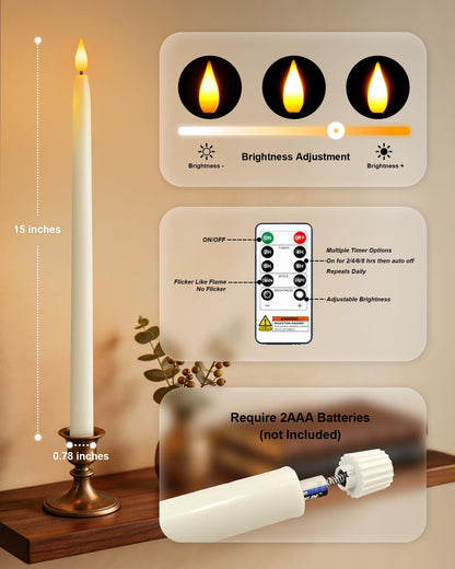 Homemory 15 inches Real Wax Flameless Taper Candles with Remote Timer, 6 Pcs White LED Taper Candles Battery Operated with 3D Flickering Flame, Window Candle Led Candlesticks for Dinners Home Decor