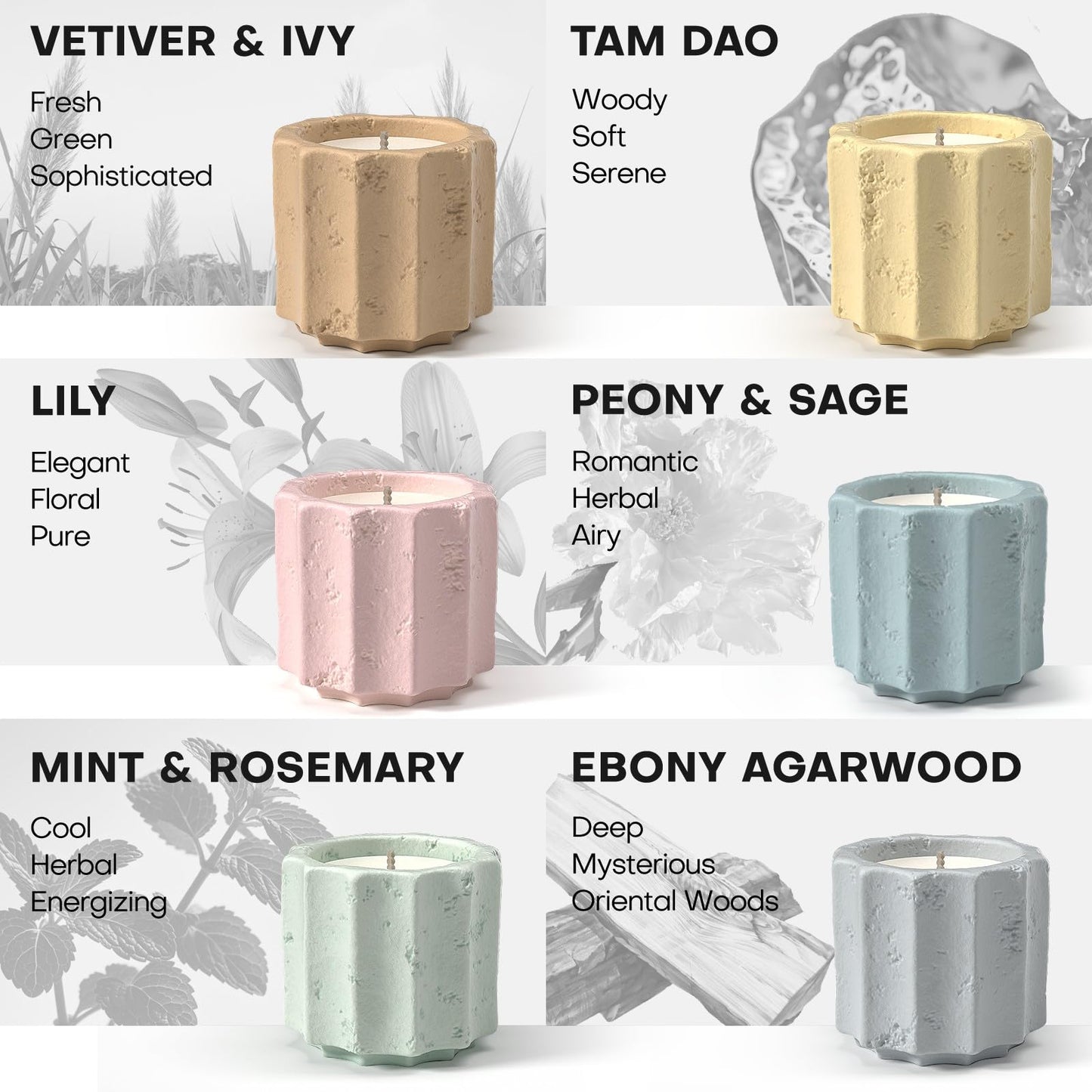 JueOne Scented Candles Set for Home, 6 Pack Natural Soy Wax Candle Gift Set, Non-Toxic Cement Jar Candles, Luxury Aromatherapy for Stress Relief, Highly Scented, Housewarming Gifts