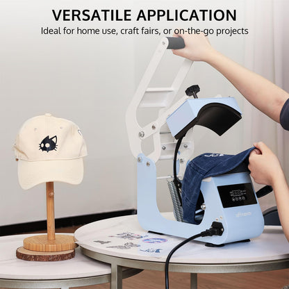 OFFNOVA Hat Heat Press Machine for Caps with 2 Interchangeable Platens, Temp & Time Control with Auto Countdown, Efficient Heat Transfer for HTV Iron On and Sublimation Projects (Handle-Blue)