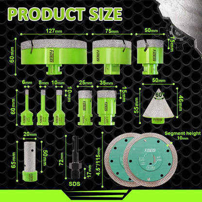 FACHLICH Tile Hole Saw Kit Diamond - (6/8/10/25/35/50/75/127mm Drill Bits+Finger Bit+Chamfer Bit+Adapter+Tile Blade) Diamond Hole Saw Kit for Porcelain Ceramic Marble Brick Granite,5/8"-11 Thread