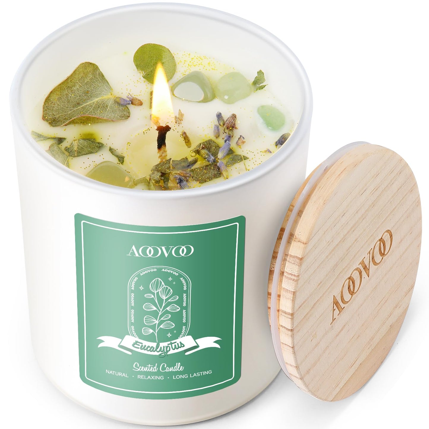 AOOVOO Eucalyptus Mint Scented Candles for Women - Aromatherapy Candle with Crystals Inside, 10oz Soy Candles for Home Scented, Birthday Gifts Mothers Day Candle for Women Mom